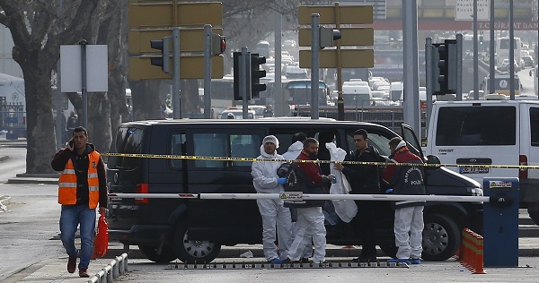 Forensic experts arrive near the site of Wednesday's explosion in Ankara, Turkey, February 18, 2016.