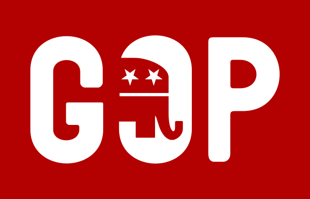 An old Republican Party logo with the current logo, the elephant, in the middle.