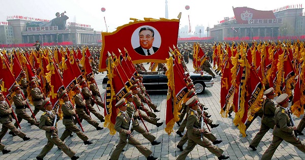 North Korea's military personnel parade with a portrait of North Korea's late leader Kim Il-sung in central Pyongyang.