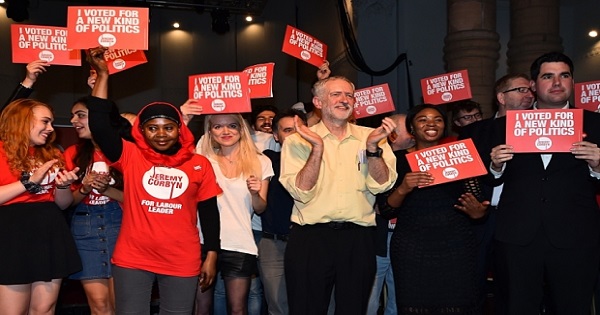 Jeremy Corbyn with supporters after addressing a rally at the Rock Tower.