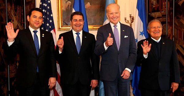 Jimmy Morales (Guatemala), Juan Orlando Hernandez (Honduras), Joe Biden (U.S.), and Salvador Sanchez (El Salvador) meet in Washington Feb. 24, 2016.