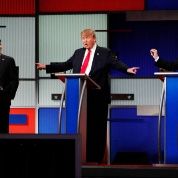 U.S. Presidential candidate Donald Trump gestures towards rivals Senator Marco Rubio and Senator Ted Cruz during the sixth Republican debate Jan. 14, 2016.