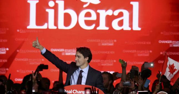 Liberal Party leader Justin Trudeau prepares to give his victory speech after Canada's federal election in Montreal, Quebec, Oct. 19, 2015.