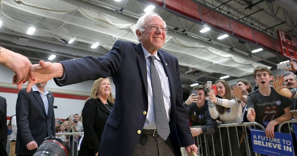 U.S. Democratic presidential candidate and U.S. Senator Bernie Sanders takes the stage at a campaign rally in Milton, Massachusetts Feb. 29, 2016.