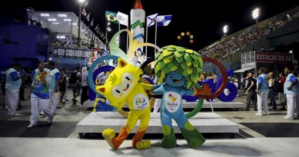 Olympic mascots are seen at the Sambadrome in Rio de Janeiro's Sambadrome Feb.7, 2016.