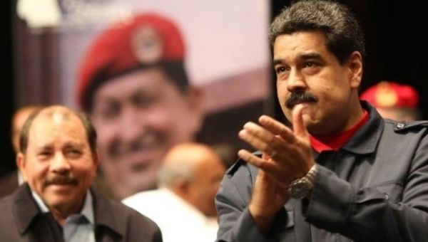 President Nicolas Maduro with President Daniel Ortega of Nicaragua at homage to Chavez.