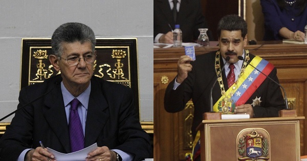 Venezuelan National Assembly President Henry Ramos Allup (L) says he seeks the ouster of President Nicolas Maduro (R) before the end of his term.