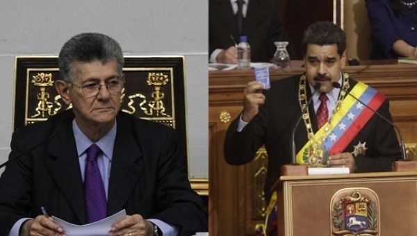 Venezuelan National Assembly President Henry Ramos Allup (L) says he seeks the ouster of President Nicolas Maduro (R) before the end of his term.