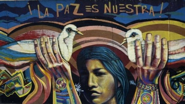 Peace-themed graffiti in Bogota, Colombia, reads 