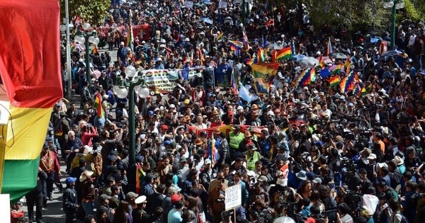 Bolivian social movements take to the streets on La Paz in support of the ruling political party in September 2015.