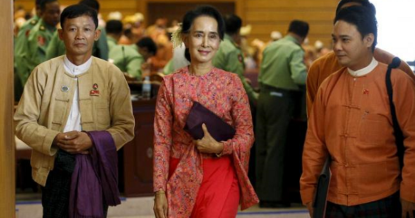 Myanmar's National League for Democracy leader Aung San Suu Kyi arrives for the opening of the new parliament in Naypyitaw in this Feb. 1, 2016.