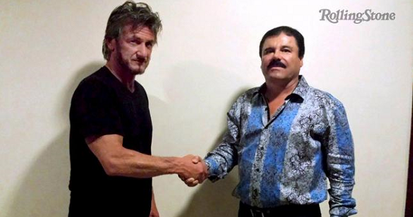 Actor Sean Penn (L) shakes hands with Mexican drug lord Joaquin 