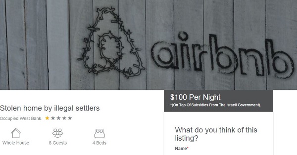 A screenshot from a parody website to protest Airbnb’s practices created by the pro-Palestinian peace groups.