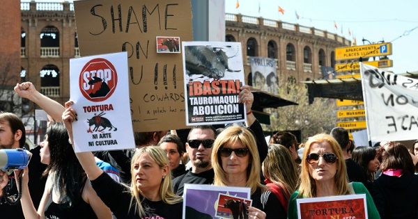 Anti-bullfighting protesters demonstrate in front of Valencia bullring, during the Fallas Festival in Valencia, on March 13, 2016