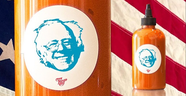 Tango chile sauce bottle featuring the face of U.S. Democratic Presidential candidate Bernie Sanders.