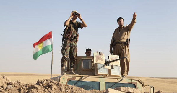 Kurdish peshmerga troops participate in an intensive security deployment against Islamic State group militants in Khazer.