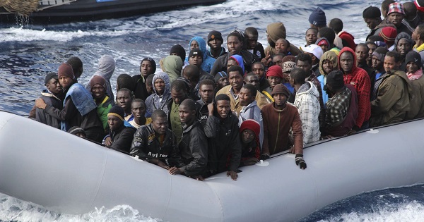 Migrants seen during a rescue operation by the Italian navy off the coast of the south of the Italian island of Sicily.