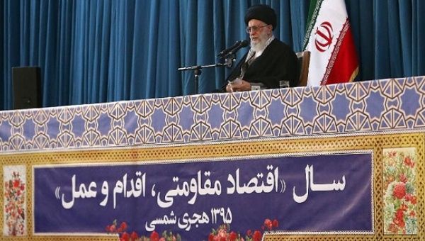 Supreme Leader Ayatollah Ali Khamenei gives a speech during the celebrations of Noruz, the Persian New Year, in the northeast holy city of Mashhad on March 20, 2016. 