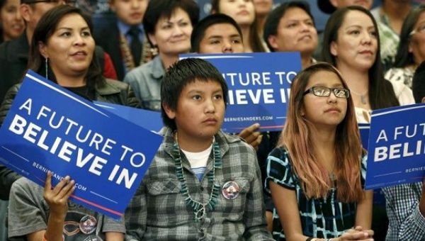 Navajo youths attend a town hall event with Democratic presidential candidate Bernie Sanders at the Navajo Nation casino in Flagstaff, Arizona.
