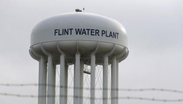 The top of the Flint Water Plant tower is seen in Flint, Michigan in this February 7, 2016 file photo.