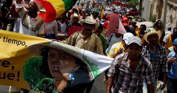 Thousands of Indigenous activists march to demand justice for Berta Caceres in Tegucigalpa, Honduras, March 17, 2016.