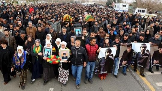 Mourners during a funeral ceremony in the Kurdish-dominated southeastern city of Diyarbakir, Turkey, Jan. 22, 2016.