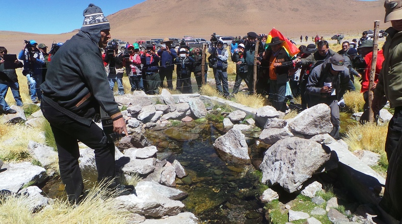 President Evo Morales inspects the waters of Silala near the border.