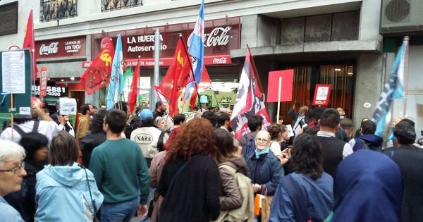 People gathered in front of teleSUR's headquarters in Buenos Aires in support of the news outlet Wednesday.