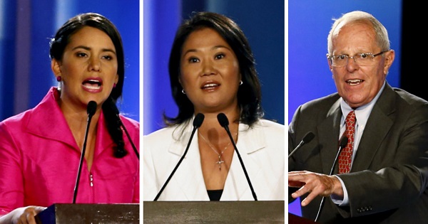 Keiko Fujimori (C) is leading the presidential race, followed by Veronika Mendoza (L) and Pedro Pablo Kuczynski (R) in a dead heat for second.