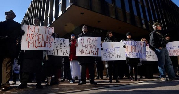 Muslims and allies rally for Muslim rights outside of the James A. Byrne Federal Courthouse in Philadelphia January 13, 2015.