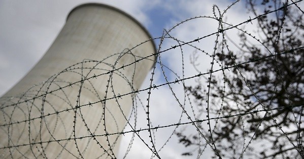 Barbed wire is pictured at the entrance of the Tihange nuclear power station.