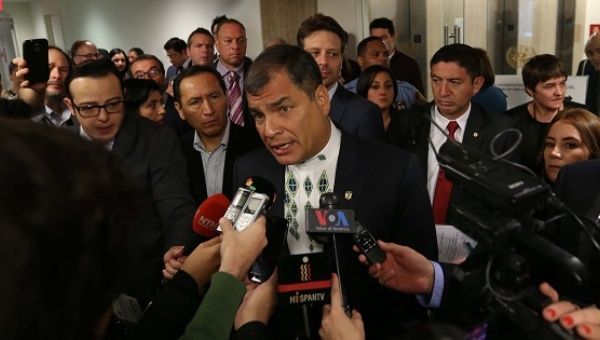 President Rafael Correa, addressing the media in New York, repeated his call for all of the Panama Papers to be released, April 12, 2016.