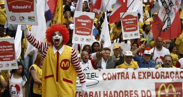 McDonald's workers protest what they see as low wages and unfair working conditions in Sao Paulo, Brazil.