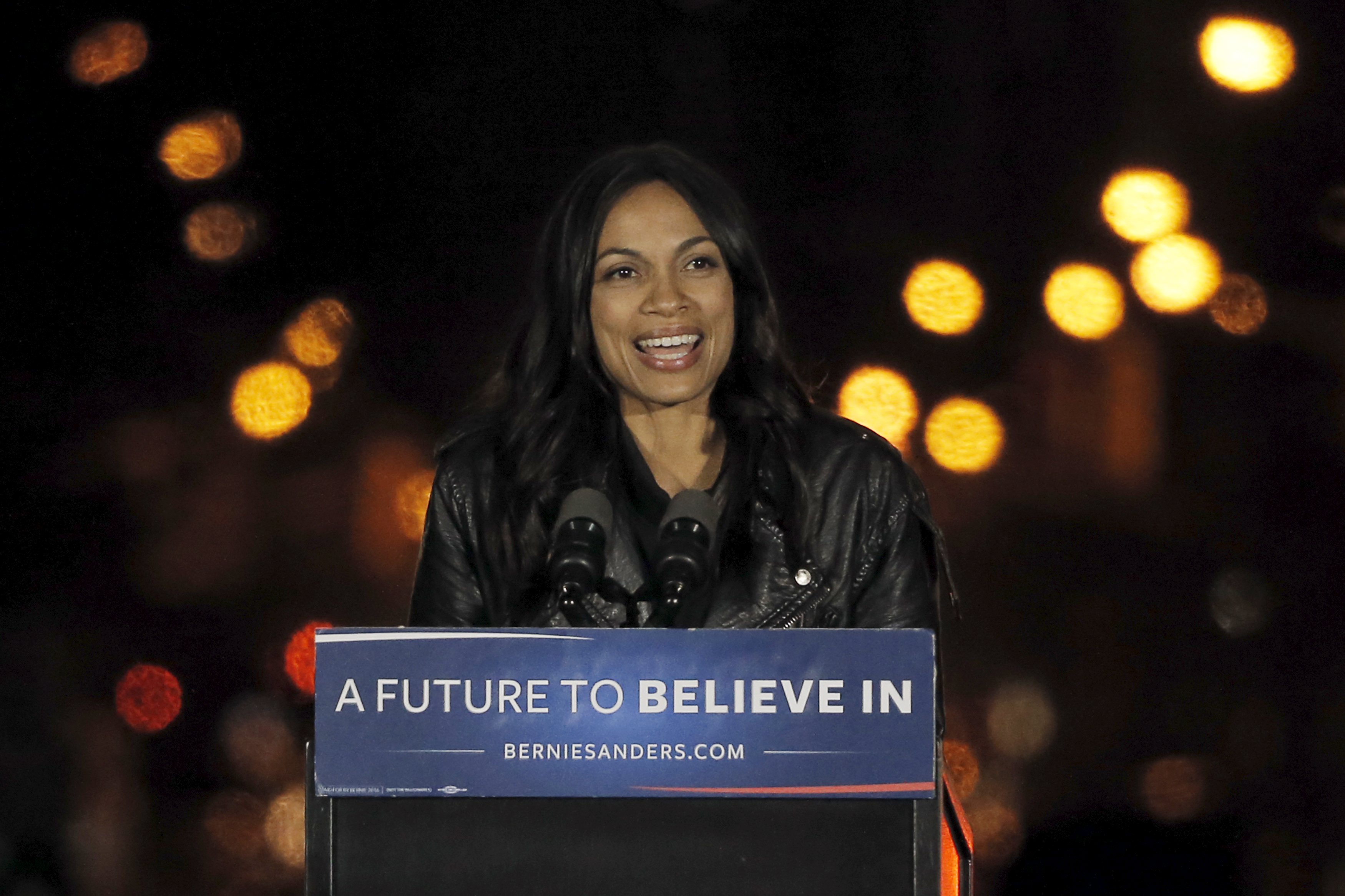 Actress Rosario Dawson speaks at a campaign rally for U.S. Democratic presidential candidate Bernie Sanders in Washington Square Park in the Greenwich Village neighborhood of New York City, April 13, 2016.