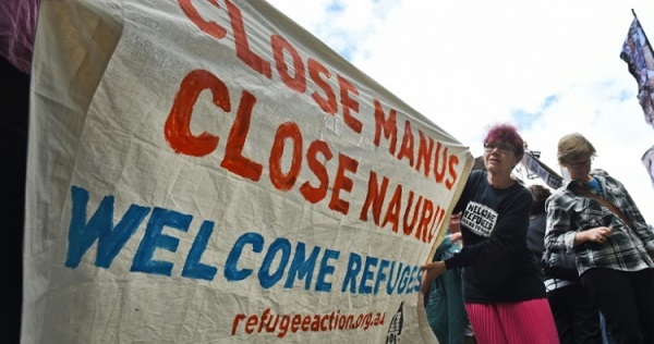 Pro-refugee demonstrators protest against Australia's offshore detention centres on Nauru island and PNG's Manus Island, in Sydney.
