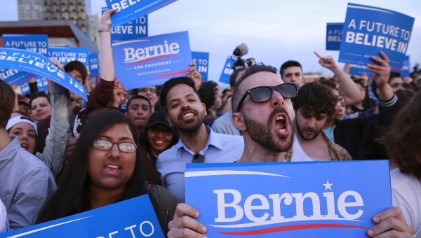 Supporters cheer for Vermont Senator Bernie Sanders.