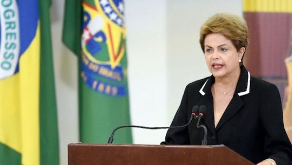 Brazilian President Dilma Rousseff speaks at Planalto Palace in Brasilia, on June 24, 2015 