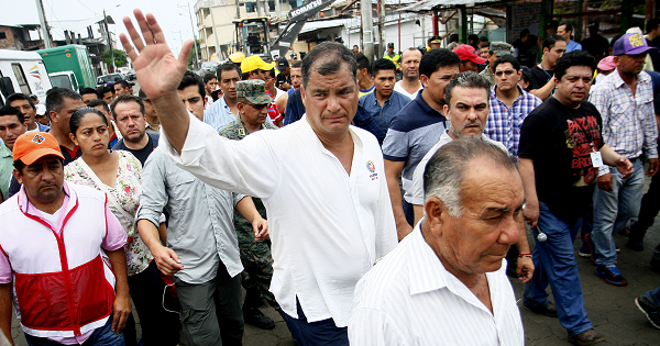 President of Ecuador,  Rafael Correa, walks in the city of Pedernales after the 7.8 earthquake left death and destruction, April, 22. 2016.