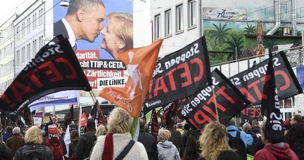 Protesters demonstrate against TTIP free trade agreement ahead of U.S. President Obama's visit in Hannover.