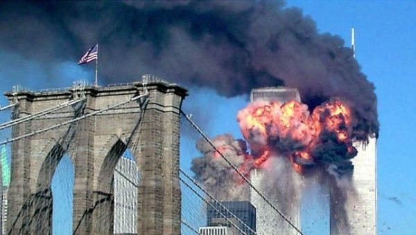 The second tower of the World Trade Center bursts into flames after being hit by a hijacked airplane in New York Sept. 11, 2001. 