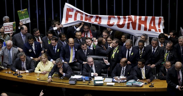 President of the Chamber of Deputies Cunha addresses the audienc during a session to review the request for Brazilian President Dilma Rousseff's impeachment.