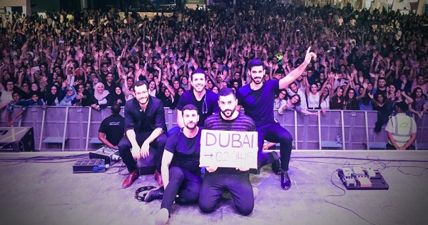 Lebanese Band 'Mashrou' Leila' band poses for a photo after performing in Dubai, United Arab Emirates.