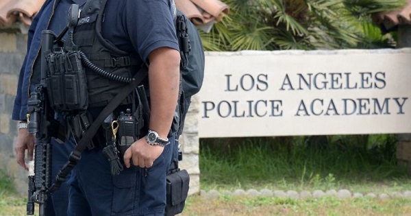 File picture shows police officers standing guard at the entrance to the Los Angeles Police Academy.