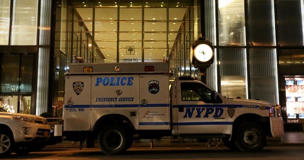 A New York Police Emergency Service truck is pictured outside the Trump Tower during an investigation into a suspicious white powder substance found inside the tower, according to fire fighters at the scene.