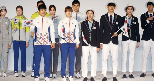 South Korean Olympic athletes and models show the South Korean Olympic team uniforms for the 2016 Rio Olympic Games at the Korean National Training Center in Seoul