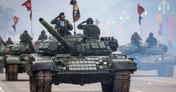 Venezuelan Russian-made T-72B tanks parade during the celebration of Independence Day in Caracas on July 5, 2015.