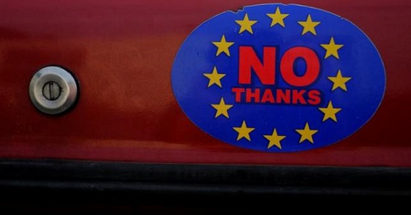 A car sticker with a logo encouraging people to leave the EU is seen on a car, in Llandudno, Wales, Feb. 27, 2016.