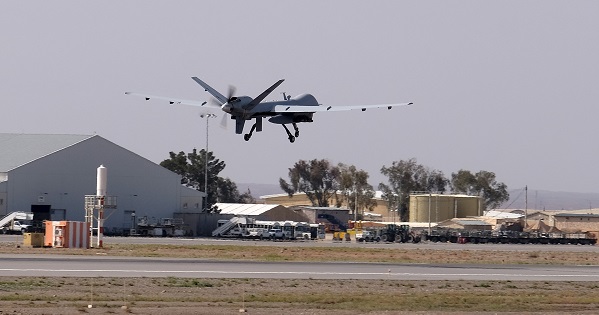 A U.S. Air Force MQ-9 Reaper drone takes off from Kandahar Airfield, Afghanistan.