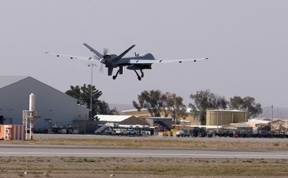 A U.S. Air Force MQ-9 Reaper drone takes off from Kandahar Airfield, Afghanistan.