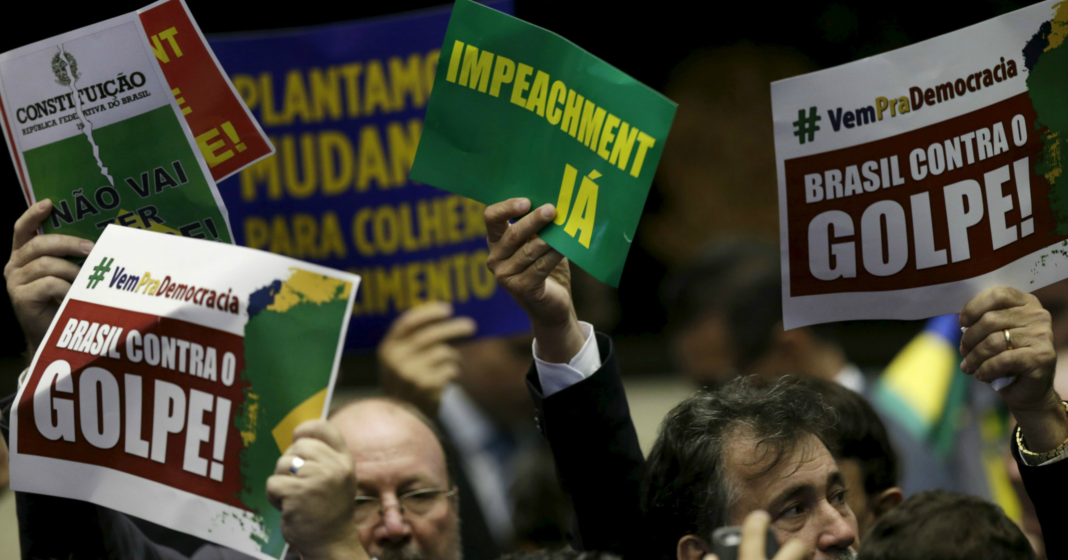 Congressmen demonstrate before a session to discuss Brazilian President Dilma Rousseff's impeachment